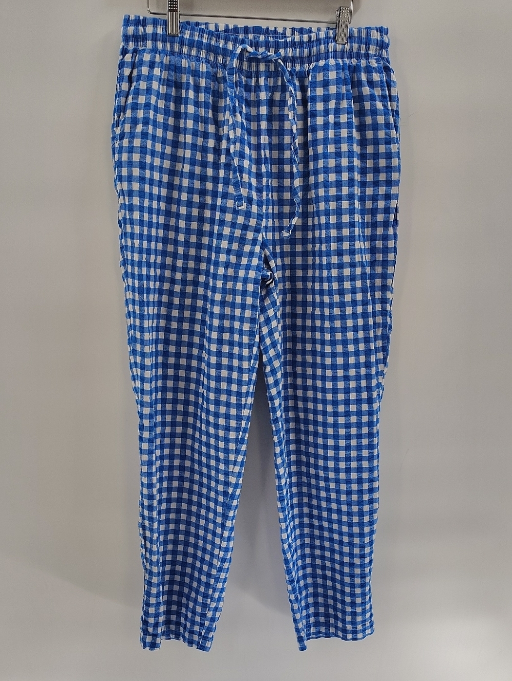 Woman Within Pants Blue Seer Sucker Gingham Size 14 100% Cotton
